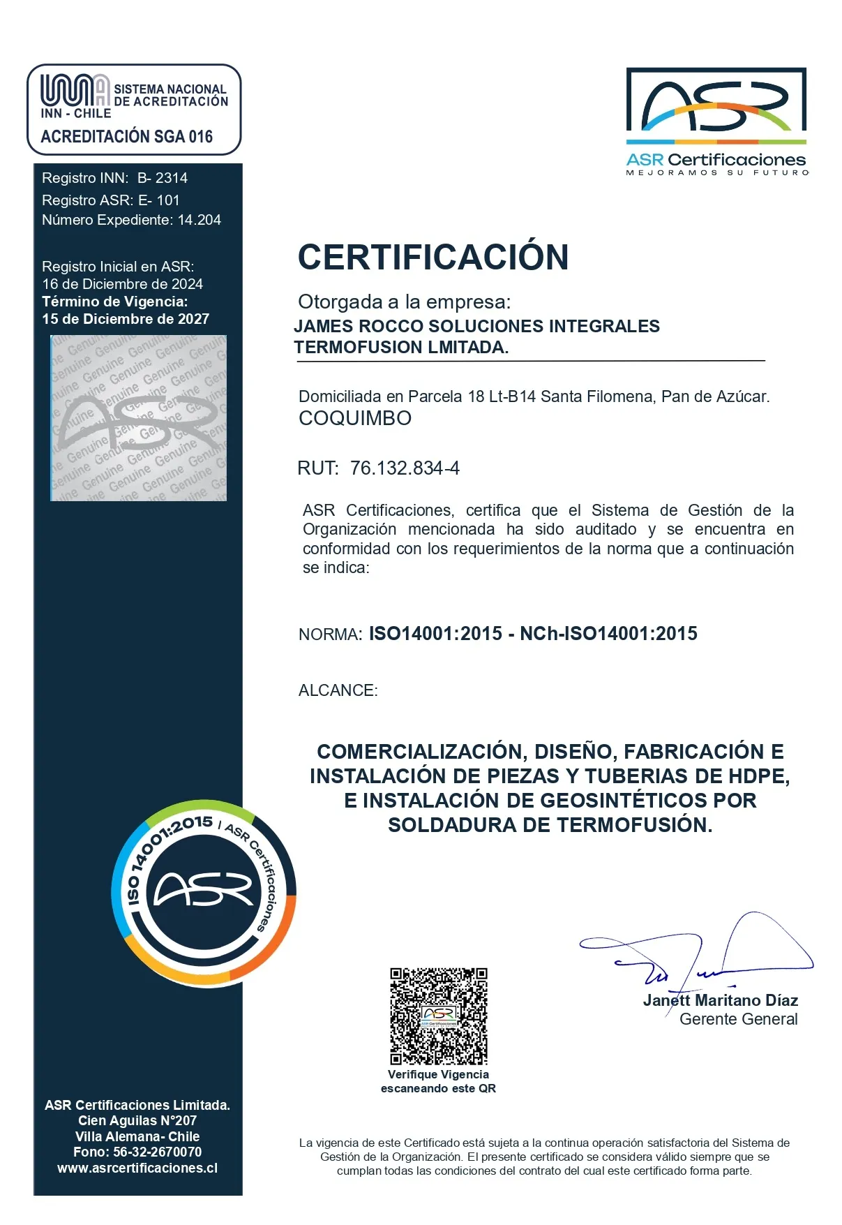 Certificado ISO 14001 — Gestión Ambiental. James Rocco Soluciones Integrales Termofusión Ltda., otorgado por ASR Certificaciones.
