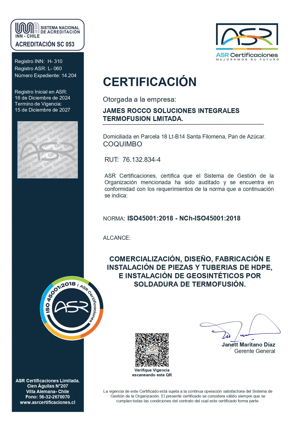 Certificado ISO 45001 — Seguridad y Salud en el Trabajo. James Rocco Soluciones Integrales Termofusión Ltda., otorgado por ASR Certificaciones.