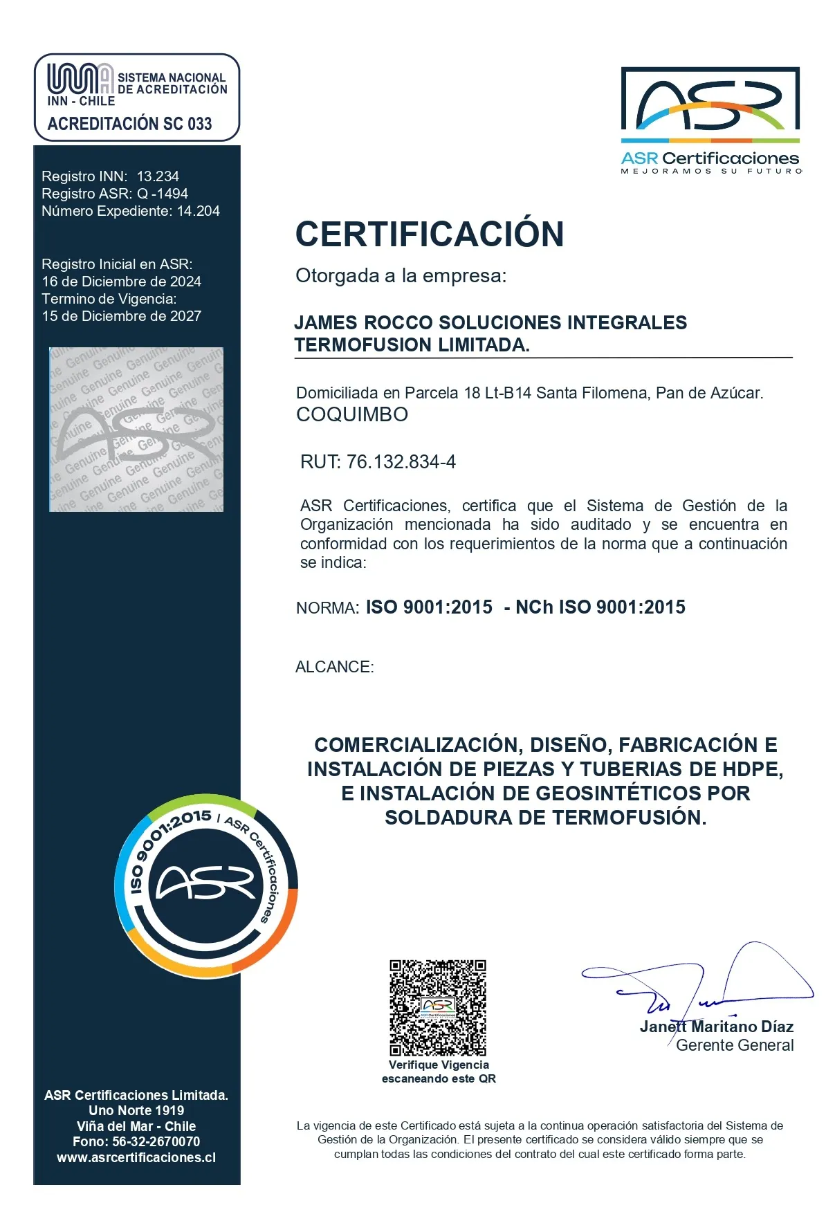 Certificado ISO 9001 — Gestión de la Calidad. James Rocco Soluciones Integrales Termofusión Ltda., otorgado por ASR Certificaciones.